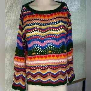 Western Chevron patterned crochet sweater with rolled neck. Size: S Bell sleeves